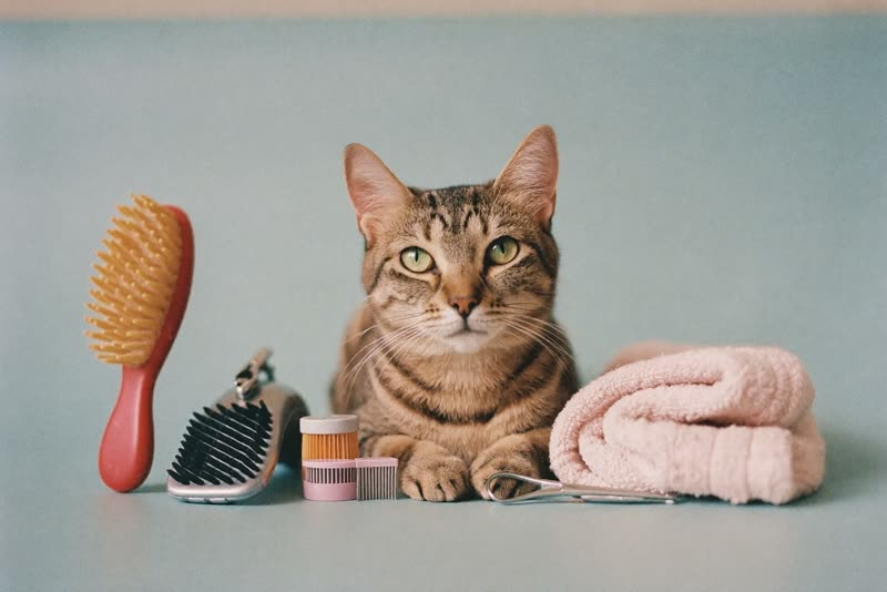 Cat grooming tools laid out on a pastel surface