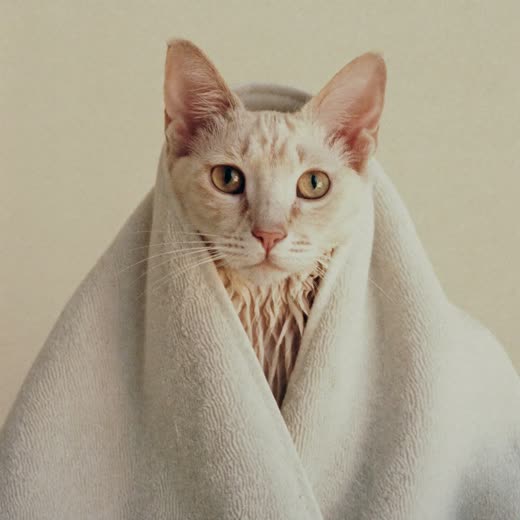 A damp cat wrapped in a towel after a bath